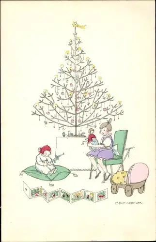 Künstler Ak Köhler, Mela, Frohe Weihnachten, Tannenbaum, Kinder, Puppenwagen, Spielzeug