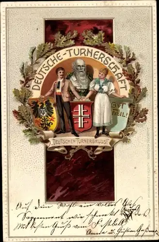 Präge Litho Deutsche Turnerschaft, Turnergruß, Turnvater Friedrich Ludwig Jahn, Eichenlaub
