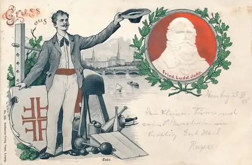 Präge Litho Turnvater Friedrich Ludwig Jahn, Turner, Turngeräte