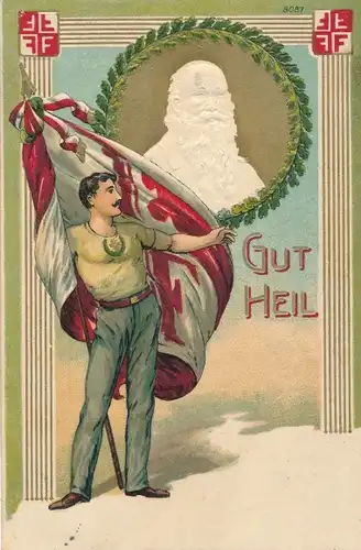 Präge Ak Turnvater Friedrich Ludwig Jahn, Gut Heil, Turner mit Flagge