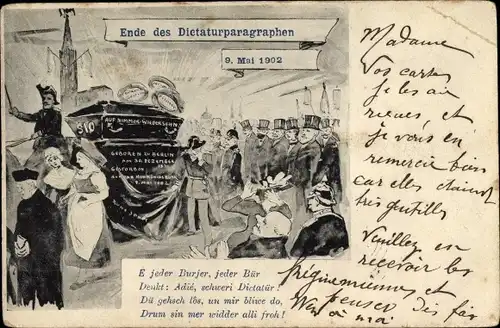 Künstler Ak Ende des Diktaturparagraphen, 09. Mai 1902, Elsaß