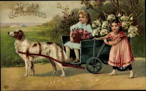 Präge Ak Glückwunsch, Hartelijk Gefeliciteerd, Hundewagen, Kinder