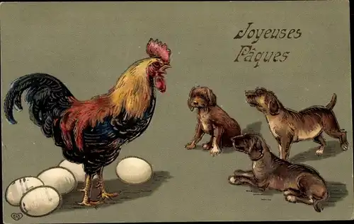 Präge Ak Glückwunsch Ostern, Hahn, Ostereier, Hunde