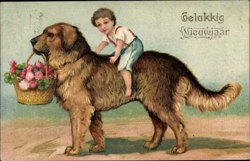 Präge Ak Glückwunsch Neujahr, Gelukkig Nieuwjaar, Junge auf einem Hund