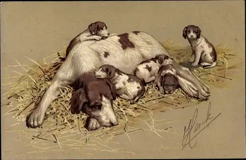 Präge Litho Hunde, Hündin mit Welpen