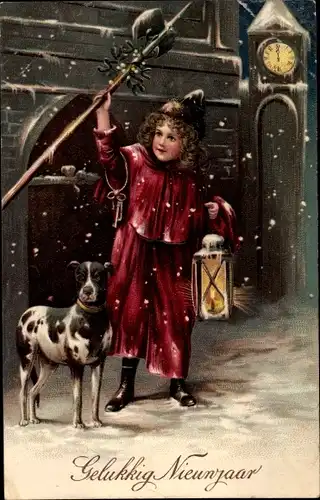 Präge Ak Glückwunsch Neujahr, Nachtwächter mit Hund