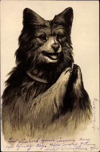 Präge Litho Hundeportrait, Männchen machend