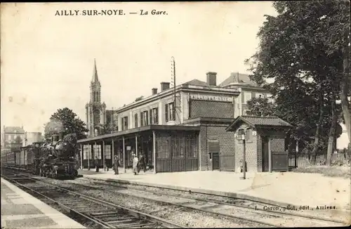 Ak Ailly sur Noye Somme, La Gare, Bahnhof, Dampflok