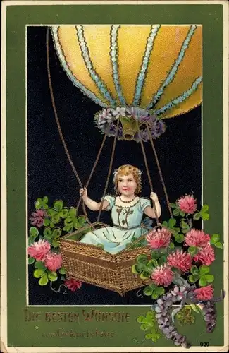 Präge Ak Glückwunsch Geburtstag, Kleeblätter, Fesselballon, Kitsch