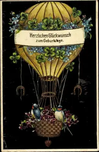 Präge Ak Glückwunsch Geburtstag, Kleeblätter, Hufeisen, Fesselballon, Kitsch