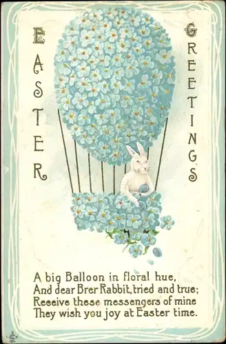 Präge Ak Easter Greetings, Glückwunsch Ostern, Osterhase, Blumen, Fesselballon, Kitsch