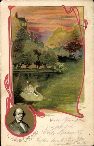 Jugendstil Litho Ludwig Uhland, Dichter, Schwäne