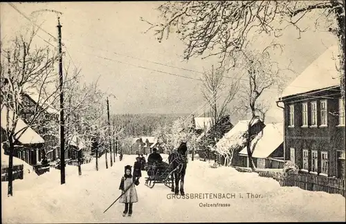 Ak Großbreitenbach in Thüringen, Oelzer Straße, Pferdeschlitten 