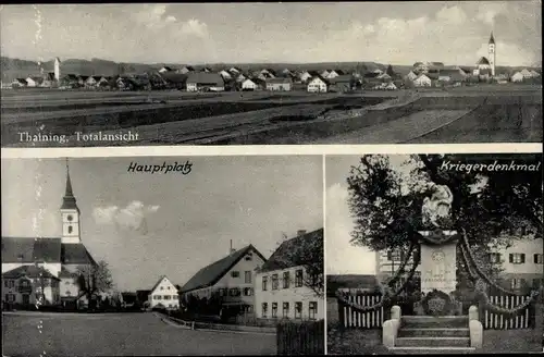 Ak Thaining Oberbayern, Hauptplatz, Kriegerdenkmal, Kirche, Totalansicht 