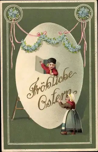 Präge Ak Glückwunsch Ostern, Osterei, Kinder, Blumen
