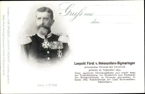 Ak Leopold Fürst von Hohenzollern Sigmaringen, Preuß. General der Infanterie