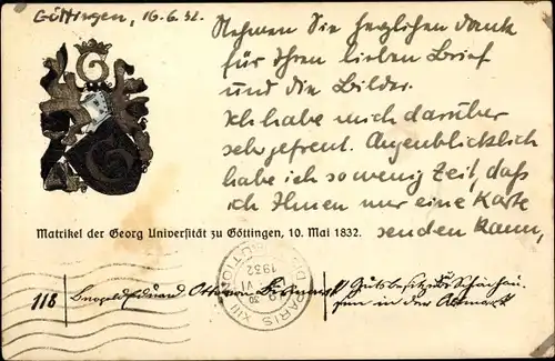 Studentika Ak Göttingen in Niedersachsen, Matrikel der Georg Universität 10. Mai 1832