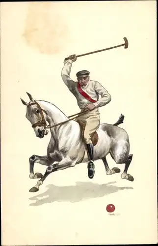 Künstler Ak Polospieler auf einem Pferd, Polostock