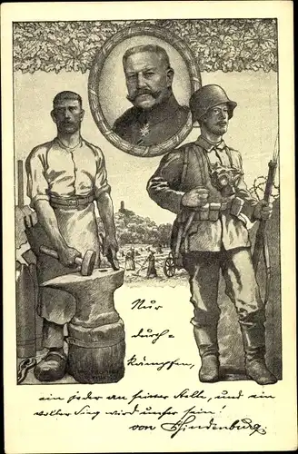 Künstler Ak Generalfeldmarschall Paul von Hindenburg, Schmied, Soldat