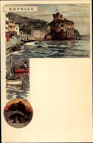 Künstler Litho Wielandt, Manuel, Rapallo Liguria, Hafenpartie, Brücke