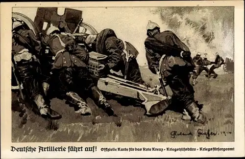 Künstler Ak Strafer, Roland, Deutsche Artillerie fährt auf, Kriegsfürsorgeamt, I. WK