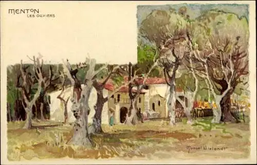 Künstler Litho Wielandt, Manuel, Menton Alpes Maritimes, Les Oliviers, Olivenbäume
