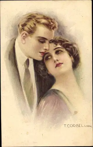 Künstler Ak Corbella, T., Liebespaar, Frau an Mann gelehnt
