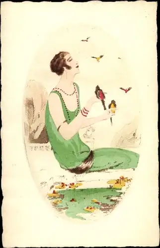Präge Passepartout Künstler Ak Junge Frau in grünem Kleid, Vögel