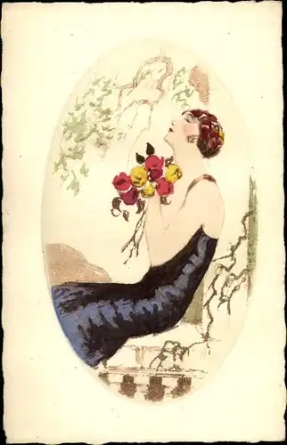 Präge Passepartout Künstler Ak Junge Frau mit Rosen