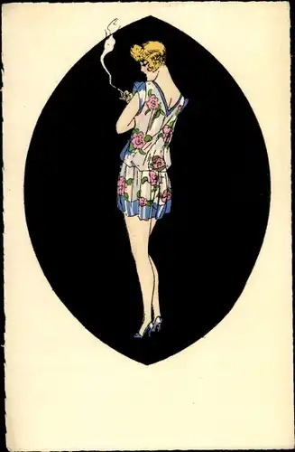 Künstler Ak Junge Frau in buntem Kleid, Zigarette rauchend