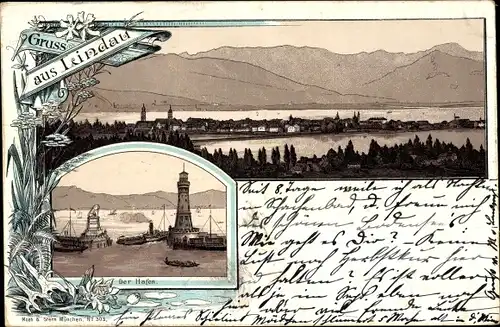 Litho Lindau am Bodensee Schwaben, Hafen, Ortschaft