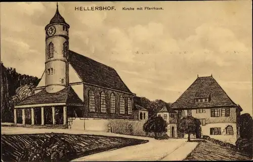 Ak Hellershof Gschwend Ostalbkreis, Kirche mit Pfarrhaus