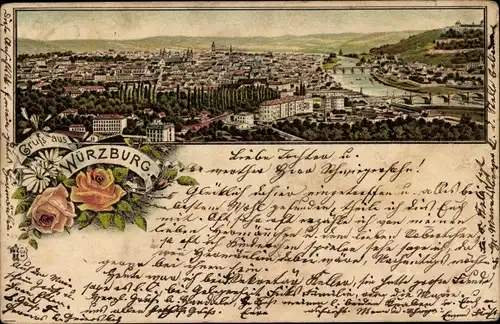 Litho Würzburg am Main Unterfranken, Totalansicht vom Ort