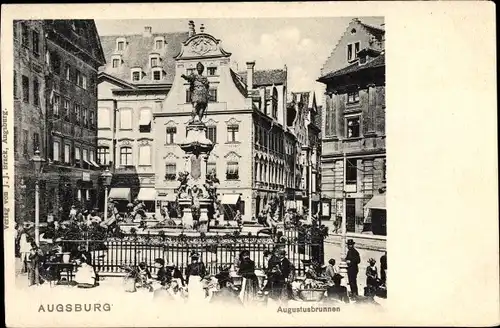 Ak Augsburg in Schwaben, Augustusbrunnen, Marktstände