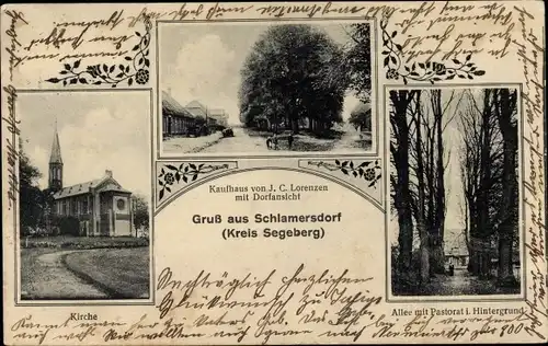Ak Schlamersdorf Seedorf in Schleswig Holstein, Kaufhaus J. C. Lorenzen, Kirche, Pastorat