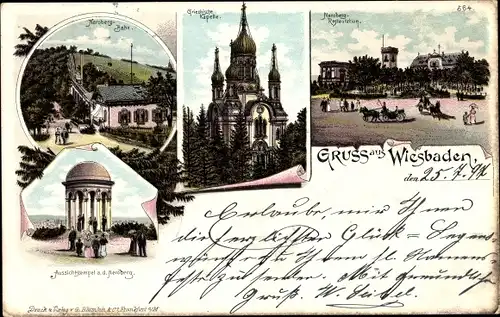 Litho Wiesbaden in Hessen, Neroberg Bahn, Griechische Kapelle, Aussichtstempel, Restauration