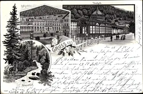 Litho Bad Wildbad Baden Württemberg, Kgl. Karlsbad, Trinkhalle, Wasserfall