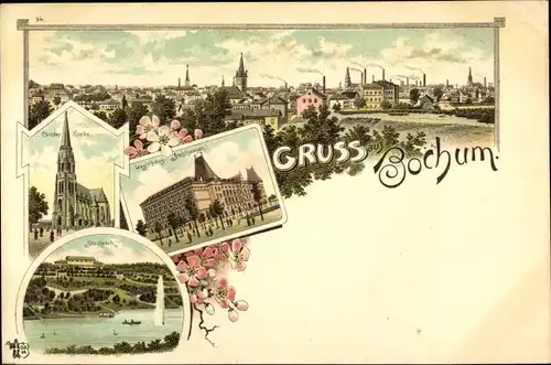 Litho Bochum im Ruhrgebiet, Christuskirche, Logierhaus Stahlhausen, Stadtpark