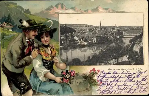 Präge Passepartout Ak Kempten im Allgäu Schwaben, Stadtpanorama, Volkstrachten
