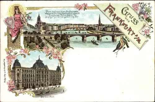 Passepartout Litho Frankfurt am Main, Die neue Post, Stadtbild, Gedicht, Wappen