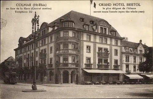 Ak Colmar Kolmar Elsass Haut Rhin, Grand Hôtel Bristol en face de la Gare