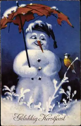 Ak Glückwunsch Neujahr, Schneemann, Kohlmeise, Regenschirm