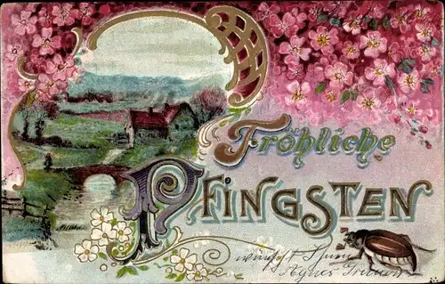 Präge Ak Glückwunsch Pfingsten, Maikäfer, Landschaft, Blüten