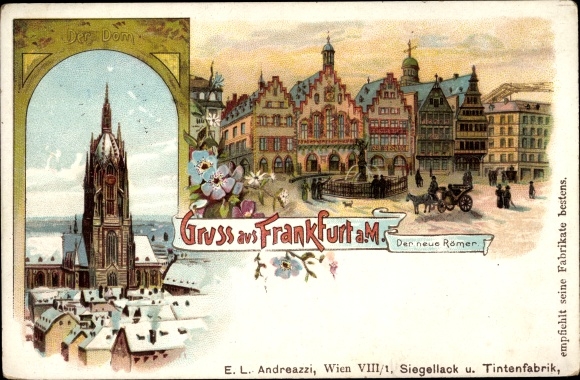 Litho Frankfurt am Main, Der neue Römer, Dom im Winter Nr