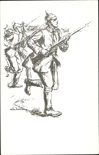 Künstler Ak Deutsche Soldaten mit Bajonetten, Verein für Kindervolksküchen, Volkskinderhorte