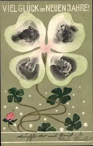 Präge Ak Glückwunsch Neujahr, Kleeblatt, Frauenportraits