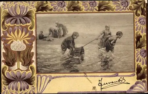 Passepartout Künstler Ak Strandpartie, Kinder, Fischfang, Kescher, A. W. Segboer