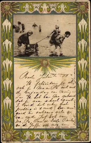 Passepartout Künstler Ak Strandpartie, Kinder, Fischfang, Kescher, A. W. Segboer