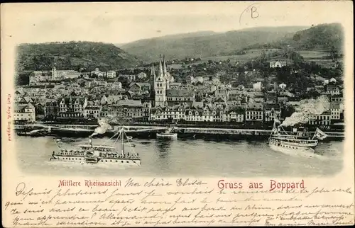 Relief Ak Boppard am Rhein, Mittlere Rheinansicht, Dampfer, Kirche