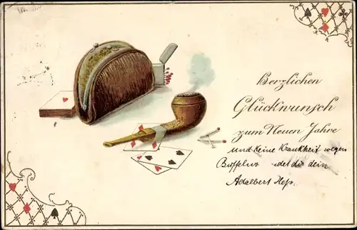 Präge Ak Glückwunsch Neujahr, Spielkarten, Pfeife, Tabakbeutel, Streichhölzer